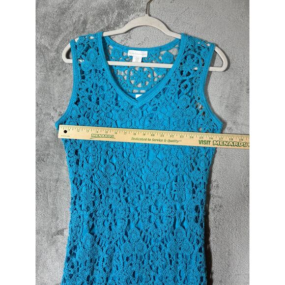 House of Harlow Blue Lace Open Knit Midi Bodycon Dress XS Lined Crochet Colorful - Picture 11 of 16